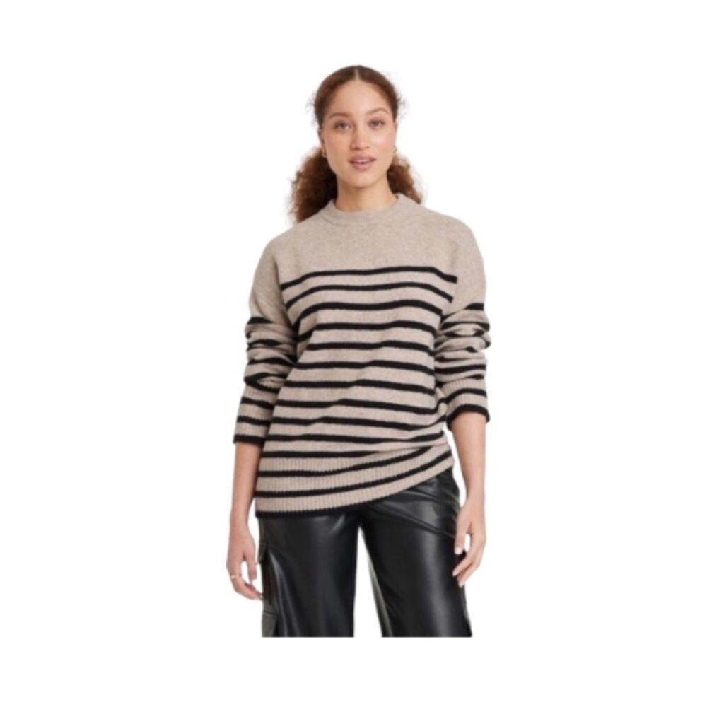 a new day Women's Striped Crew Neck Sweater - Black and Tan